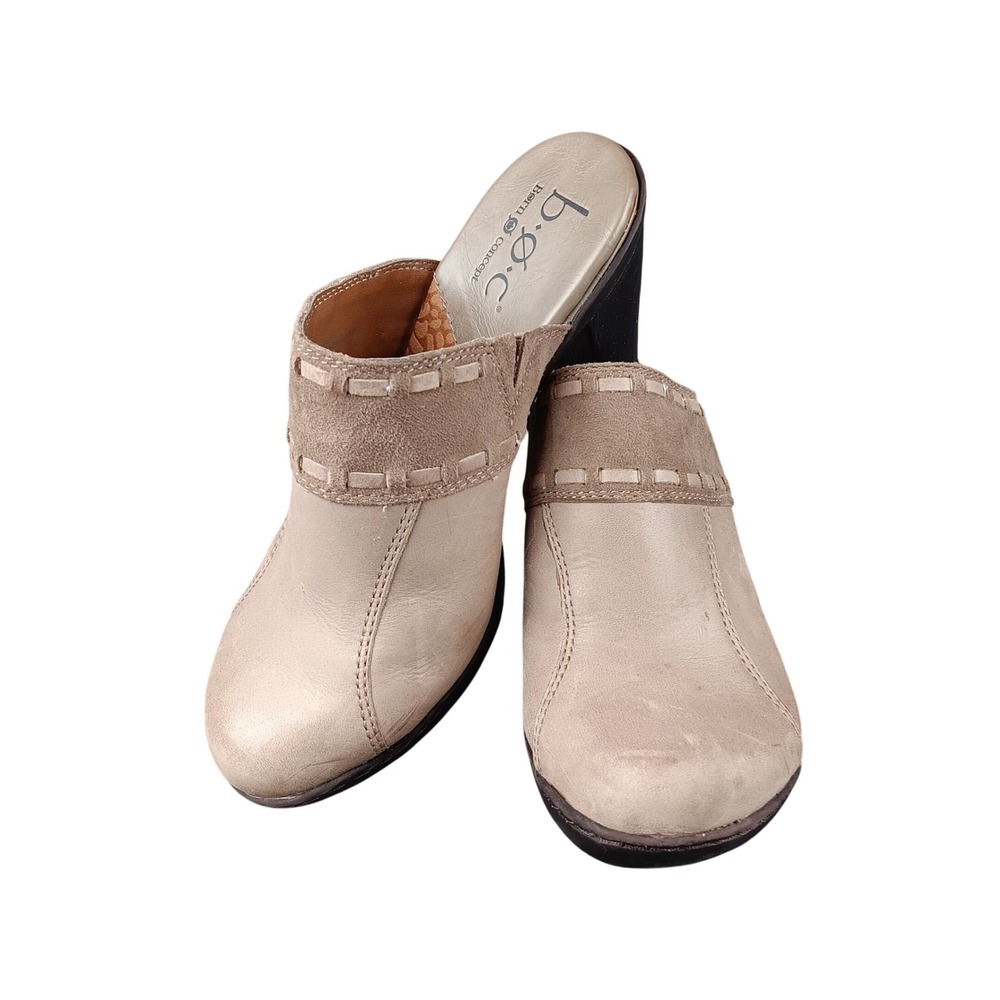 BOC Born Concept Beige‎ Leather Suede Accent Chunky Heel Mules Women